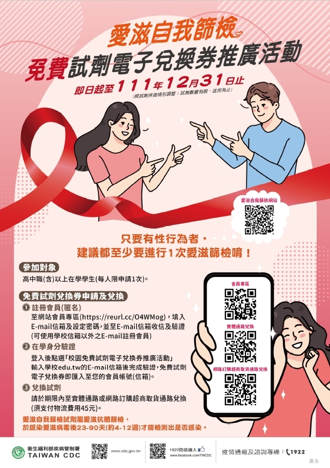 愛滋自我篩檢免費試劑電子兌換活動
